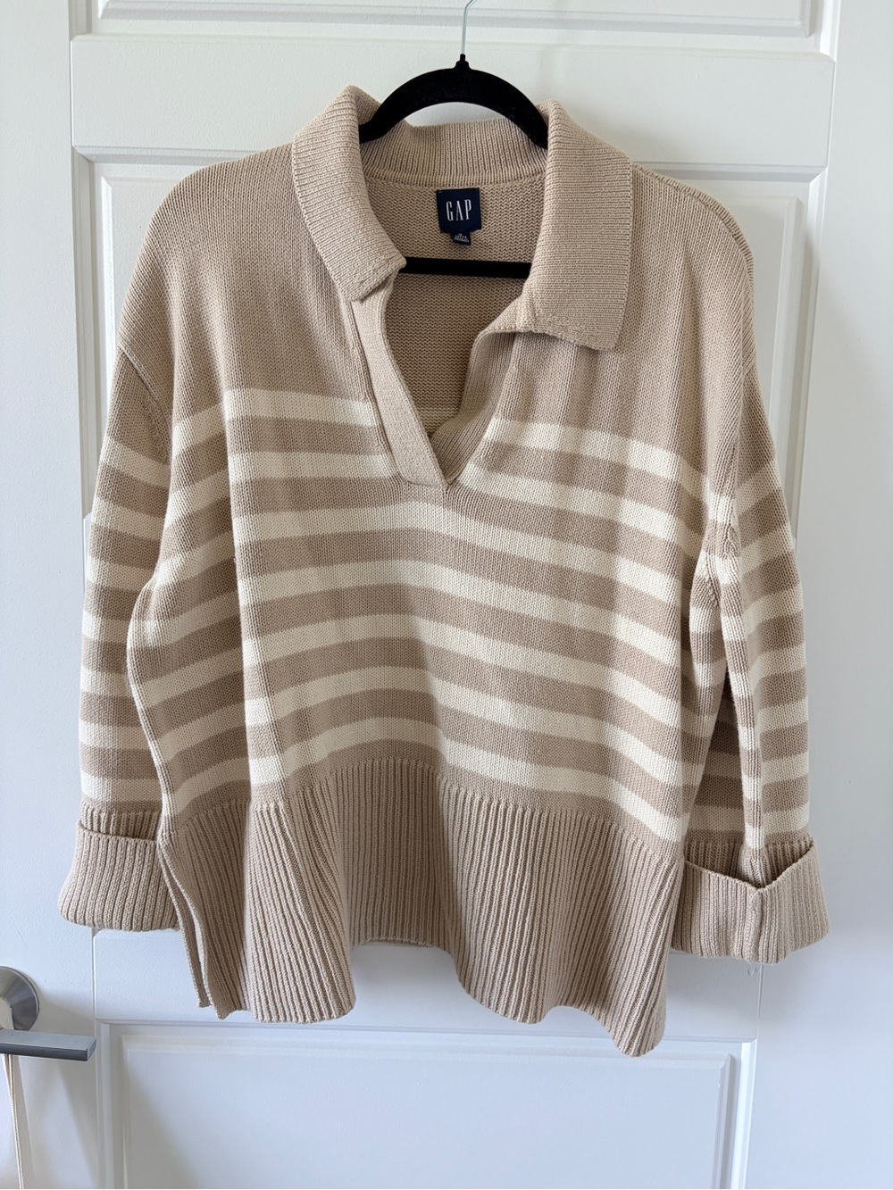 100% Cotton 2-Tone Striped V‑Neck Collar Sweater